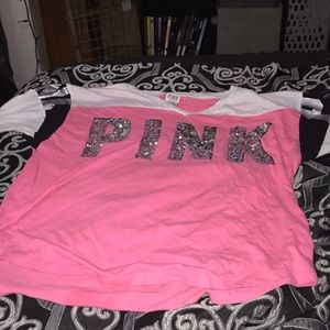 Pink V-Neck Sequence T-Shirt